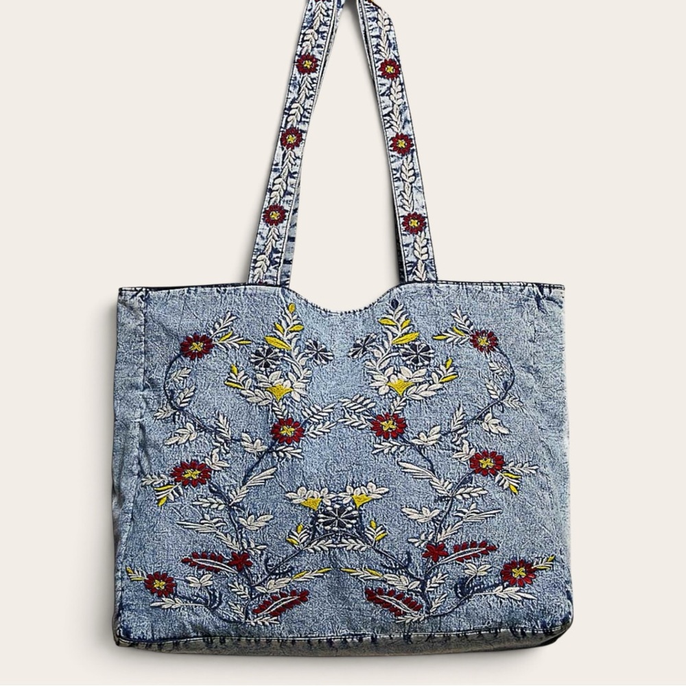 POL Blue Denim Tote with Red & Yellow Floral Embroidery